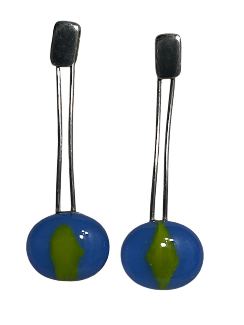 Sterling Silver Blue Yellow Art Glass Dangle Earrings